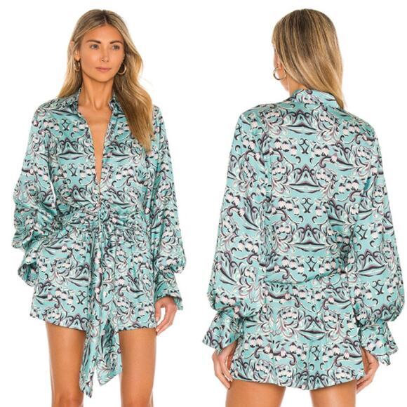 NEW Alexis Wrap Tie Satin Long Blouson Sleeves Tallara Top Blue Aqua Tulip - Picture 1 of 7